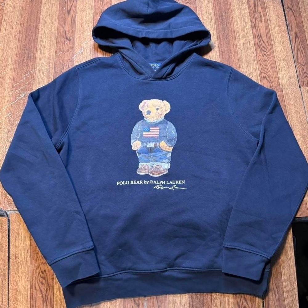 Polo Ralph Lauren Blue USA Polo Bear Fleece Hoodie Youth XL (Women's Small)